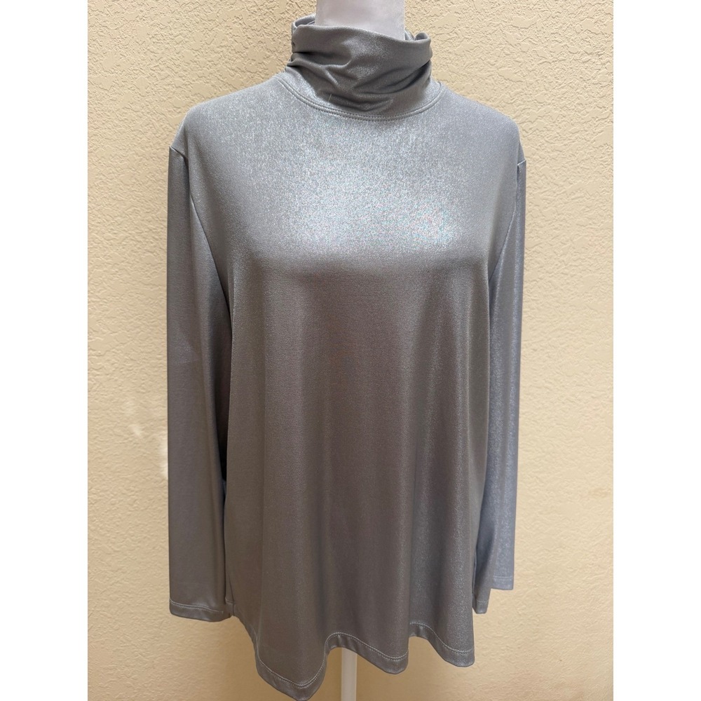 Chicos Travelers Silver Metallic Shimmer Turtleneck Long Sleeve Top Size 2 L